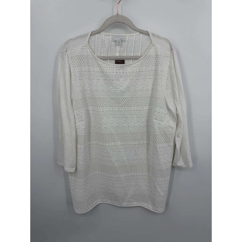 J. Jill Eyelet Embroidered Knit Top Women XL White 3/4 Sleeve Floral Boho